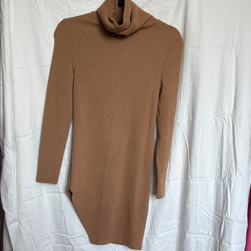 Chic Tan Ribbed Sweater Dress